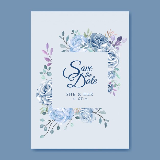 Wedding card template with beautiful blue floral wreath Premium Vector