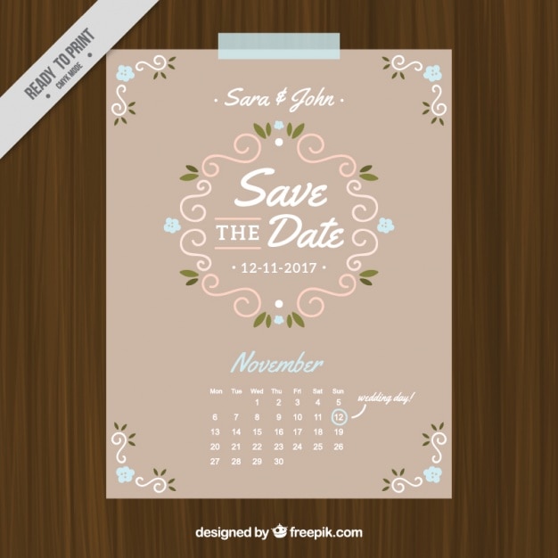 Wedding card in vintage style with calendar Vector Free Download