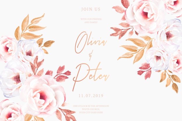 Wedding card with romantic flowers and golden leaves Free Vector