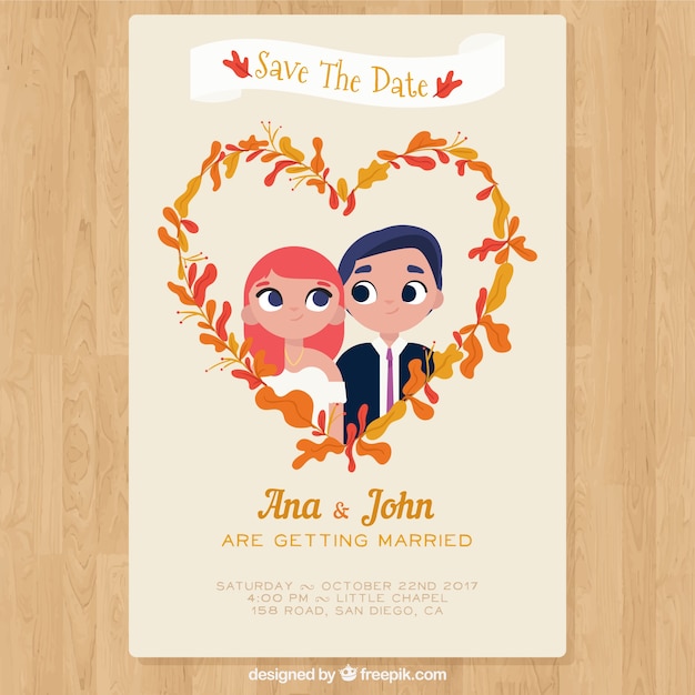 Wedding card with smiley couple and heart