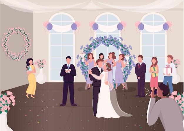 結婚式のお祝いフラットイラスト ゲストとの新婚夫婦 背景に装飾された宴会場で初めて漫画のキャラクターを踊る新郎新婦 プレミアムベクター