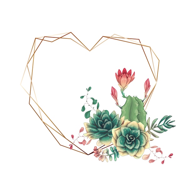 Wedding colorful frame with succulent and cacti. Premium Vector