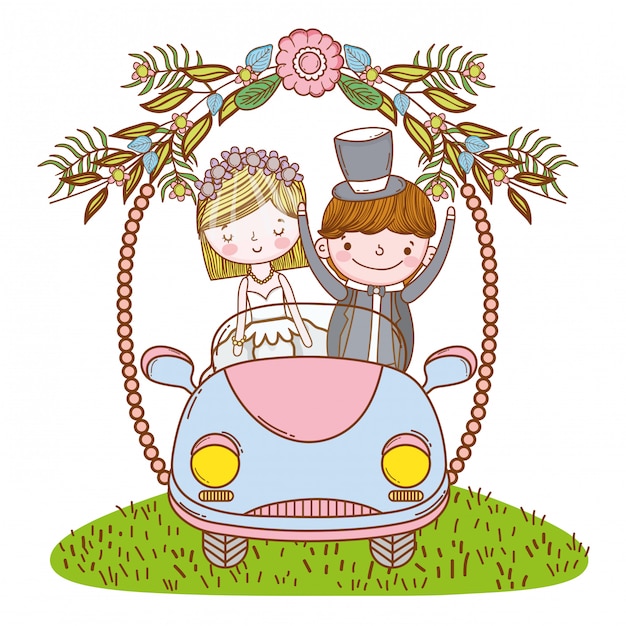 Wedding couple on car cute cartoon Premium Vector