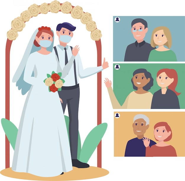 Download Premium Vector | A wedding couple having online wedding ceremony with their relatives