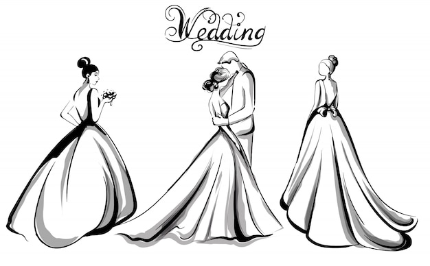 Download Premium Vector | Wedding couple silhouette line art
