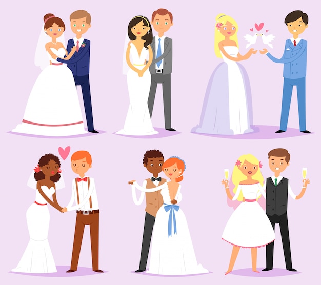 結婚式のカップルのベクトルの背景に分離された結婚のお祝いにウエディングドレスの愛する男と女の結婚式イラストセットの結婚した花嫁または婚約者と新郎または婚約者の文字 プレミアムベクター