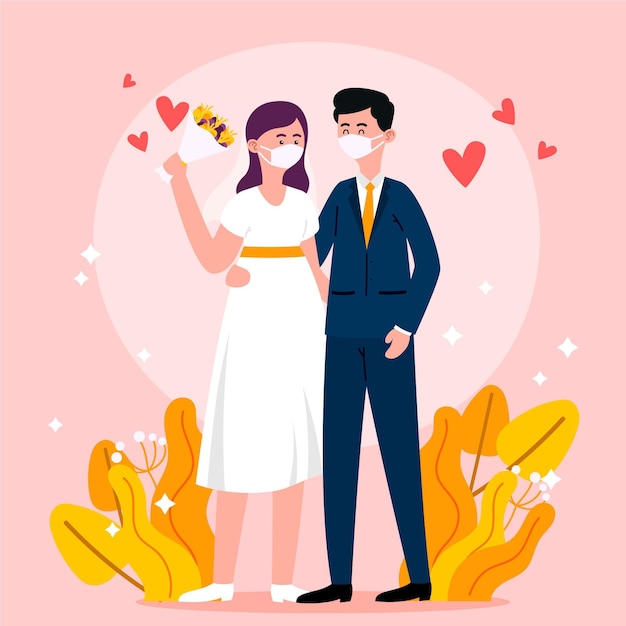 Download Wedding couple wearing face masks | Free Vector