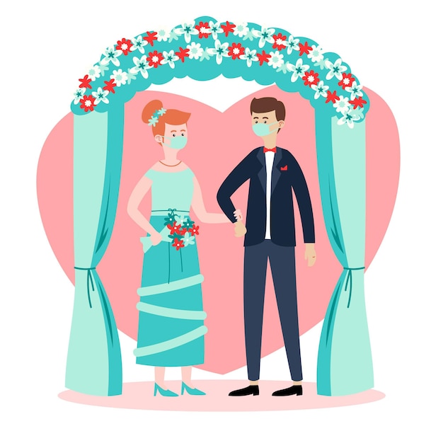 Download Free Vector | Wedding couple wearing face masks