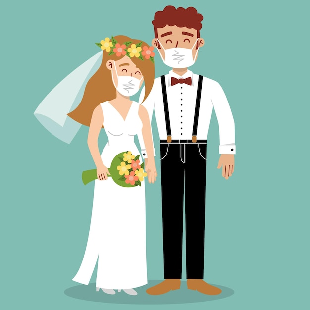 Wedding couple wearing face masks | Free Vector