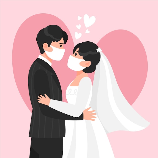 Download Free Vector | Wedding couple wearing face masks