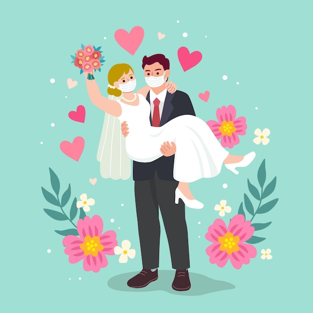 Free Vector | Wedding couple wearing face masks