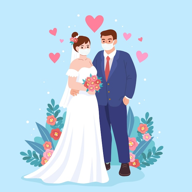 Download Premium Vector | Wedding couple wearing face masks