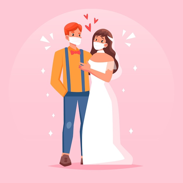 Download Free Vector | Wedding couple wearing face masks