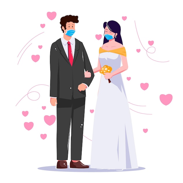 Download Wedding couple wearing face masks | Free Vector