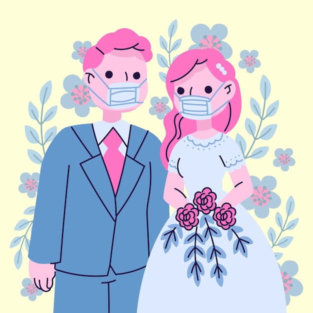 Download Free Vector | Wedding couple wearing face masks