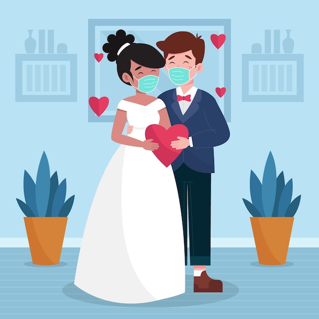 Free Vector | Wedding couple wearing face masks