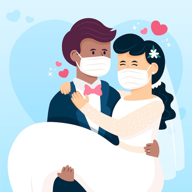 Download Wedding couple wearing face masks | Free Vector