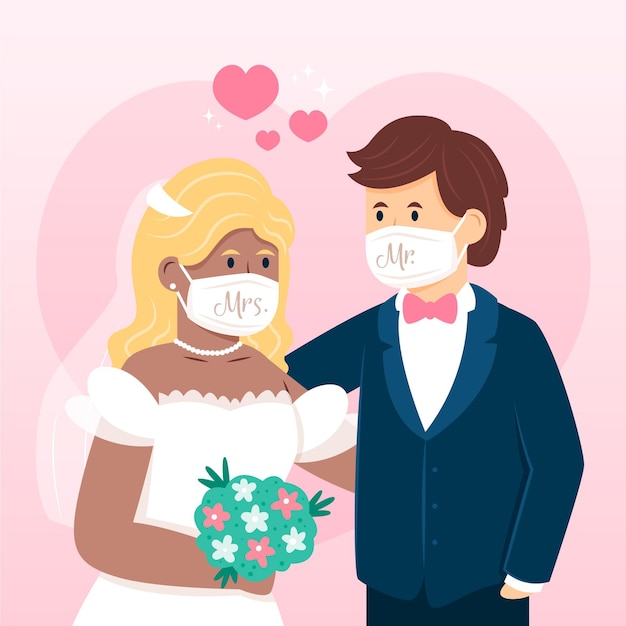 Free Vector | Wedding couple wearing face masks