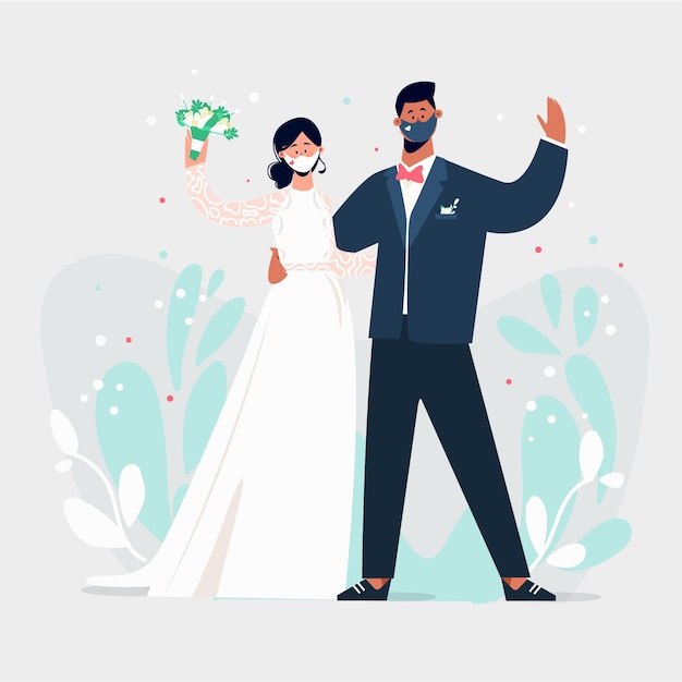 Download Wedding couple wearing face masks | Free Vector