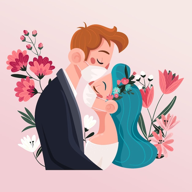 Free Vector | Wedding couple wearing face masks