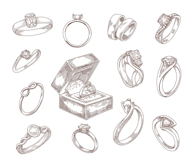Free Vector Wedding and engagement rings hand drawn sketches set