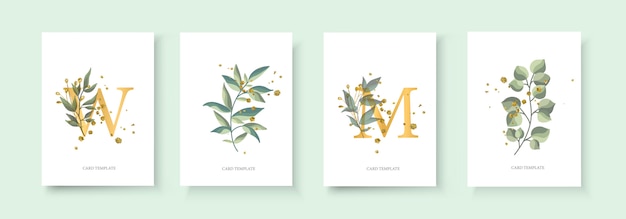 Wedding floral golden invitation card envelope save the date minimalism design with green tropical leaf herbs and gold splatters. botanical elegant decorative vector template watercolor style Free Vector