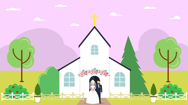 教会 カップルの新郎新婦のイラストでの結婚式 愛のロマンチックなお祝い 結婚式で男性女性キャラクター プレミアムベクター