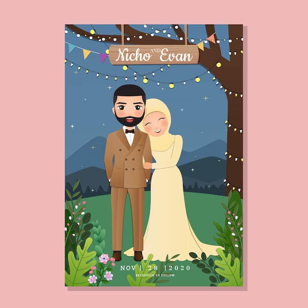 Wedding invitation card the bride and groom cute muslim couple cartoon