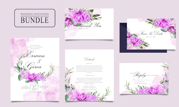 Wedding invitation card bundle design with watercolor floral and leaves template Premium Vector