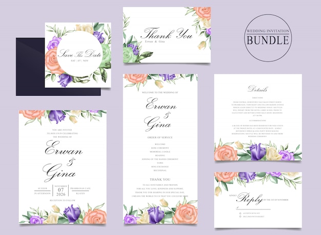 Download Premium Vector Wedding Invitation Card Bundle Design With Watercolor Floral And Leaves Template