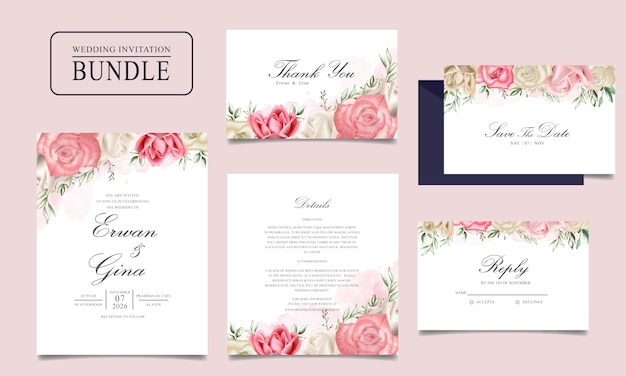 Download Premium Vector Wedding Invitation Card Bundle With Watercolor Floral And Leaves Template