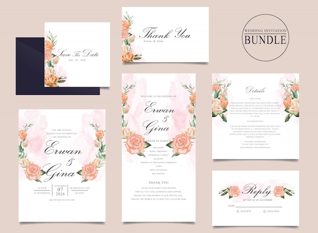 Download Premium Vector Wedding Invitation Card Bundle With Watercolor Floral And Leaves