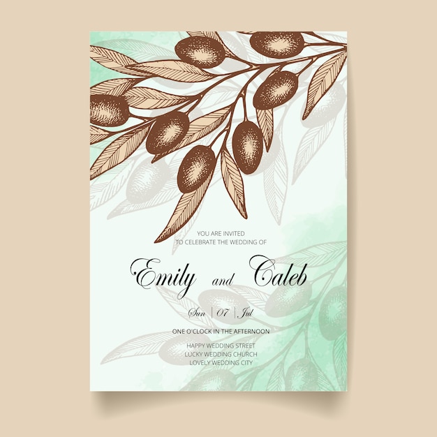 Premium Vector Wedding Invitation Card Save The Date With Watercolor Background Olives Leaves And Branches