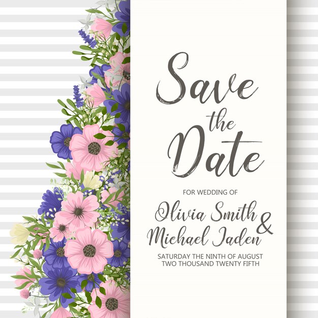 花と結婚式の招待カードスイート テンプレート ベクトルイラスト 無料のベクター