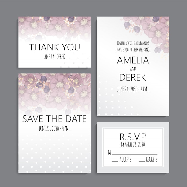 Wedding invitation card suite with flowers. template. vector illustration Free Vector