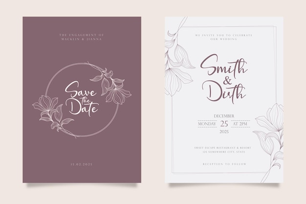 Wedding invitation card template design in line art style Premium Vector