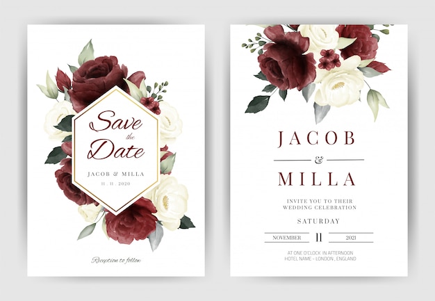Set templat kartu undangan pernikahan dengan buket bunga mawar putih dan merah cat air bingkai emas Vektor Premium