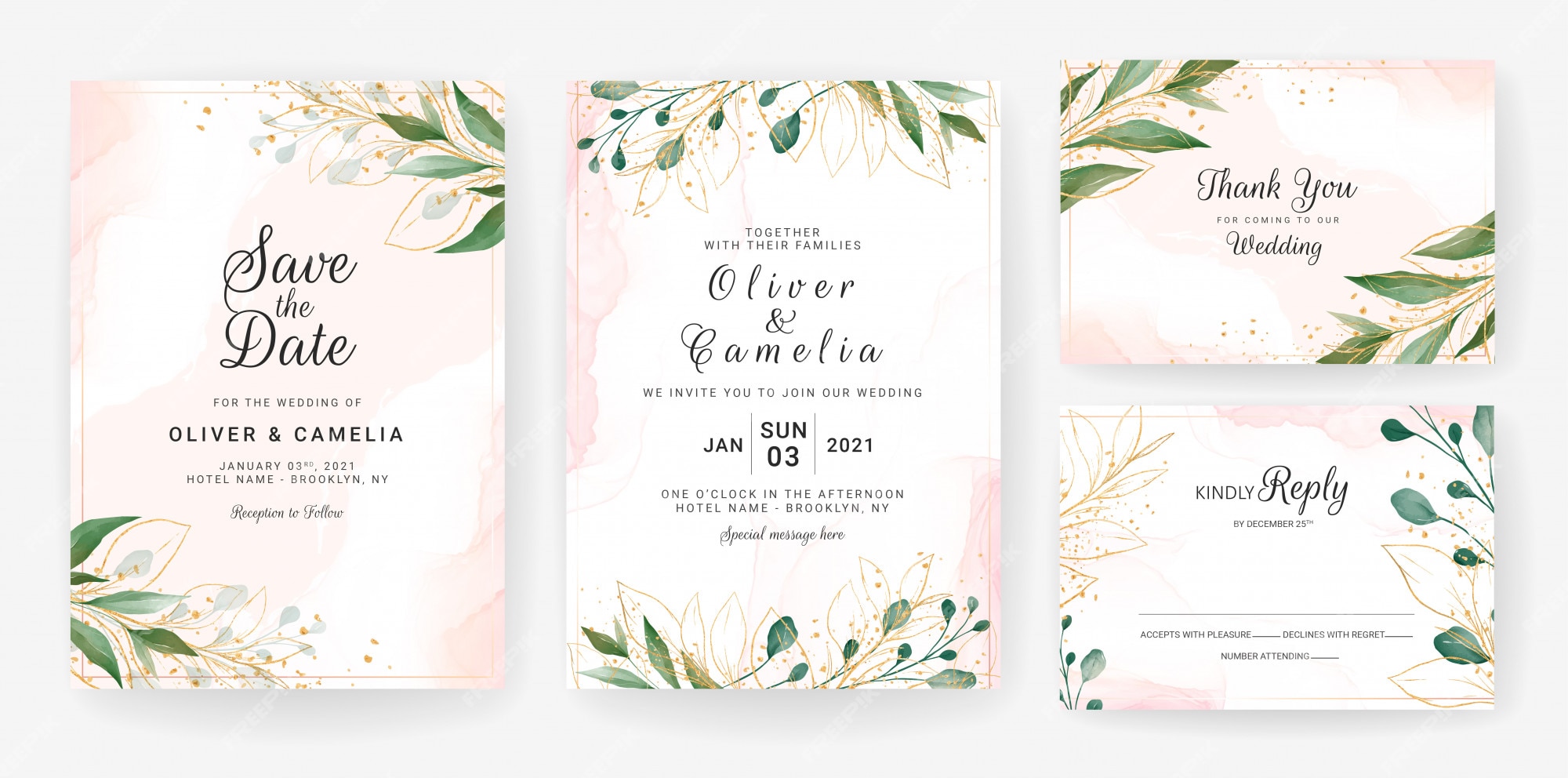 Premium Vector | Wedding invitation card template set with watercolor ...