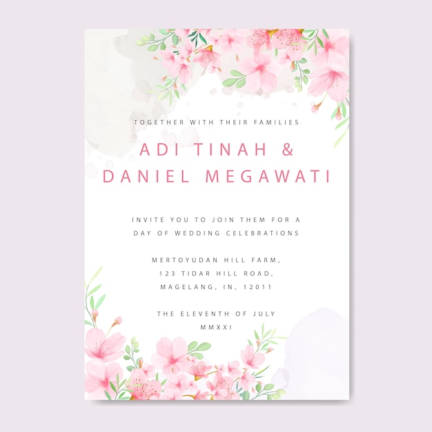 Premium Vector | Wedding invitation card template with floral cherry ...