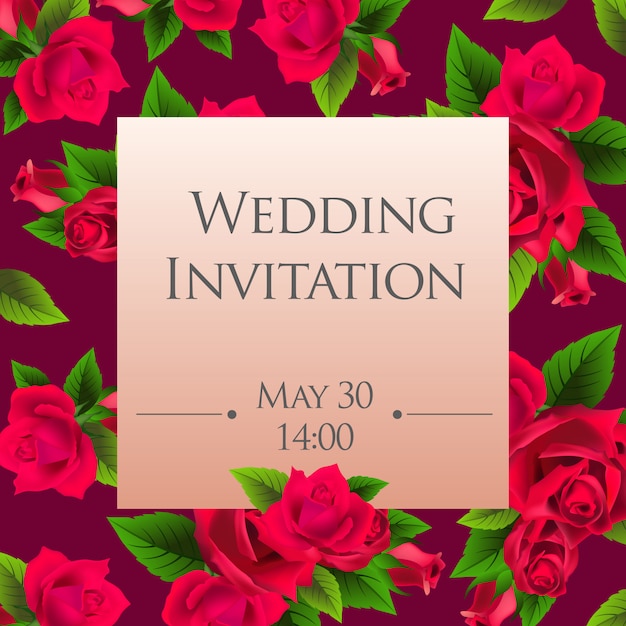 Wedding invitation card template with red roses\
on violet background.