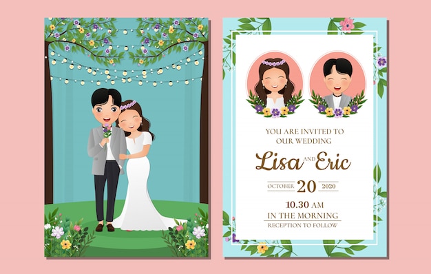 プレミアムベクター 結婚式の招待カードの新郎新婦のかわいいカップルの漫画のキャラクター イベントのお祝いのカラフルなイラスト