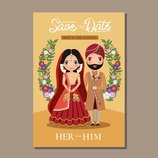 結婚式の招待カード伝統的なインドのドレスの漫画のキャラクターのイラストで新郎新婦のかわいいカップル プレミアムベクター