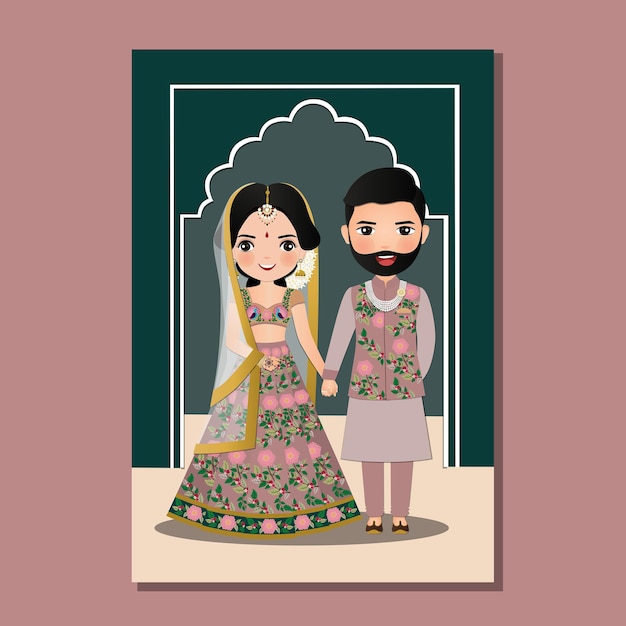 結婚式の招待カード伝統的なインドのドレスの漫画のキャラクターのイラストで新郎新婦のかわいいカップル プレミアムベクター