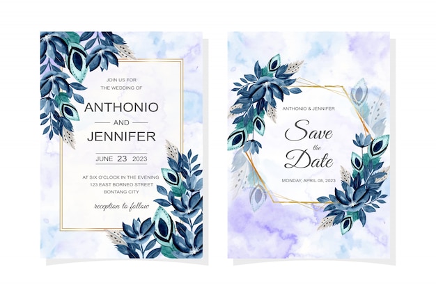 Premium Vector | Wedding invitation card with blue floral and feather ...