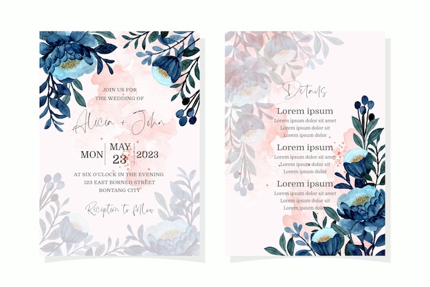 Wedding invitation card with blue floral watercolor Premium Vector
