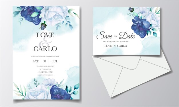 Premium Vector Wedding Invitation Card With Blue Watercolor Floral