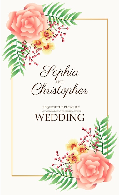 花のピンクと金色の正方形のフレームのイラストと結婚式の招待状 プレミアムベクター