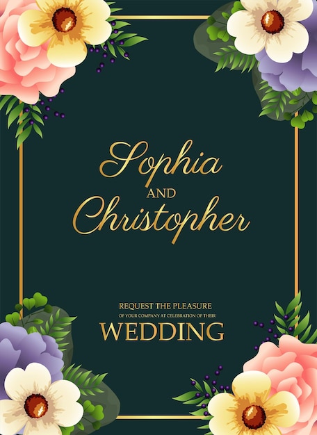 金色の正方形のフレームと花のイラストと結婚式の招待状 プレミアムベクター
