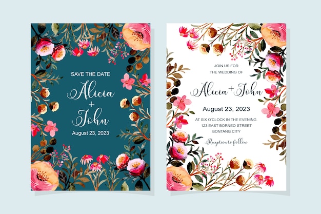 Wedding invitation card with pink floral watercolor Premium Vector