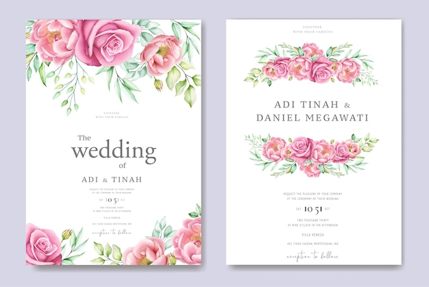 Premium Vector | Wedding invitation card with roses and leaves